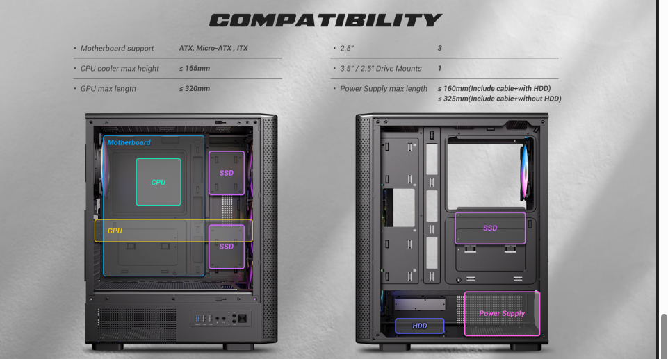 Imágenes 1: la longitud maxima de GPU es 320mm, altura maxima de disipador en CPU es 165mm, pero admite tambien liquidas de hasta 240mm.